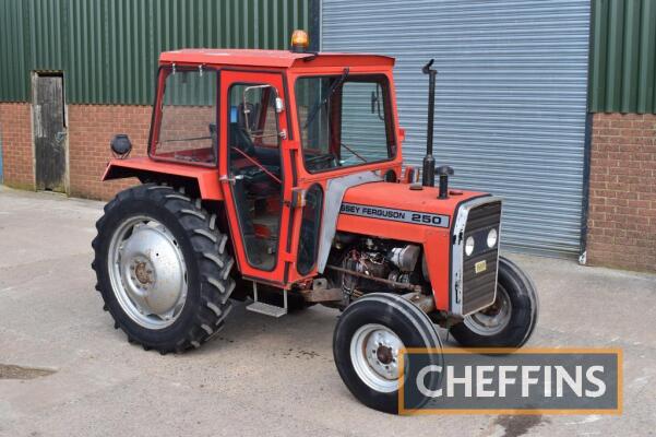 NO VAT - 1983 MASSEY FERGUSON 250 2wd diesel TRACTOR Fitted with 2door cab, 2stick gearbox, linkage, rod style linkage pick-up hitch, PTO and plough light on 12.4R32 rear and 7.50-16 front weights and tyres Reg. No. FRH 782Y Serial No. 62176 Hours: 4,751