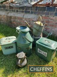 Collection of enamel bread bins, watering cans etc.