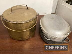 3gallon brass pan, together with cast iron and aluminium fish poacher