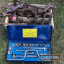 Box of assorted wrenches and other tools with a cased 24-piece AF socket set