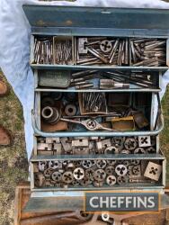 Metal toolbox and wooden box with a large selection of taps and dies, assorted BA, BSW, BSF and BSP