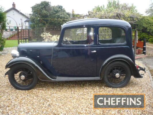 1936 747cc AUSTIN 7 Ruby saloon Reg. No. AWV 519 Chassis No. ARR273470 Finished in blue over black, this nicely presented Ruby has had a recent £1,000 spend on an engine rebuild and consequently will be confidently driven to the sale. Fitted with a slidin