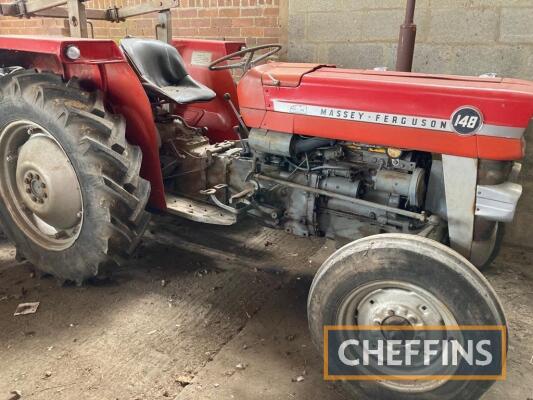 1973 MASSEY FERGUSON 148 Multi-Power 4cylinder diesel TRACTOR Reg. No. VNP 797L Serial No. 603788 An original example, fitted with roll bar, solid drawbar and PTO guard. Vendor states, that it only has one former owner and the Multi-Power works as it shou