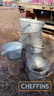 Selection of pails and buckets, to include cinder buckets