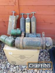 Qty vintage petrol tanks for small engines and mowers, together with pyrene fire extinguishers