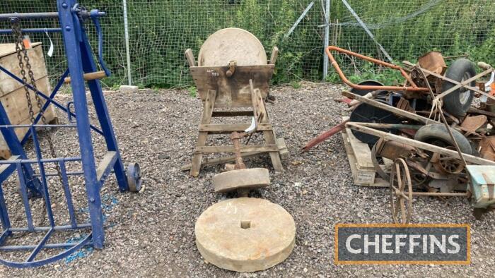 Free-standing grinding stone in wooden frame, together with 2no. spare stone and assorted hand sharpening tools