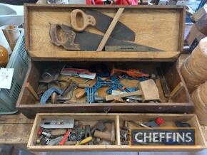 Wooden spirit level in box, together with joiners' toolbox, complete with tools