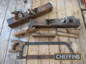 1942 butchers' saw, together with wooden planes