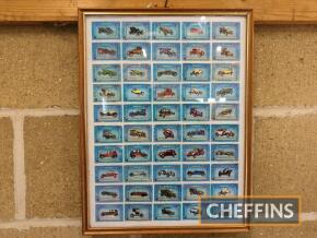 Framed set of Matchbox labels depicting vintage cars