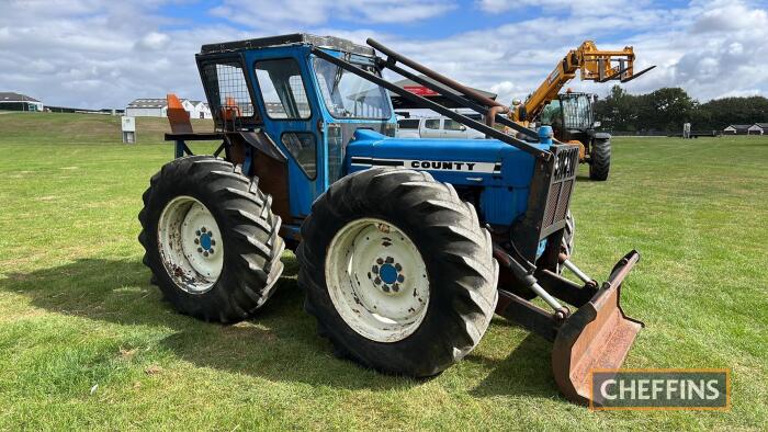 COUNTY 754 Super-4 4cylinder diesel TRACTOR Reg. No. Q569 BRM Serial No. 75823 Fitted with Boughton winch, anchor and front blade, this Super-4 was originally purchased in 1992 by Swinton Estate, Marsham for forestry work. Vendor reports that it is in goo