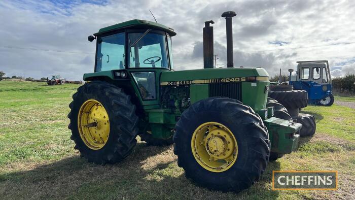 1983 JOHN DEERE 4240S 4wd TRACTOR Fitted with 14no. 50kg John Deere weights on 20.8R38 rear and 18.4-26 front wheels and tyres. On farm from new Reg. No. A539 KBW Serial No. 346832 Hours: 5,674