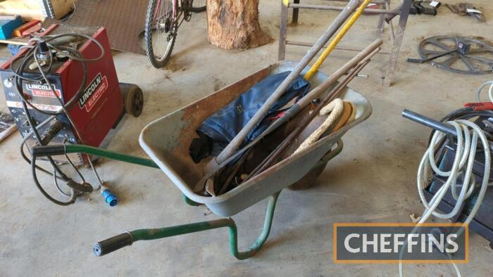 Qty hand tools and metal wheelbarrow