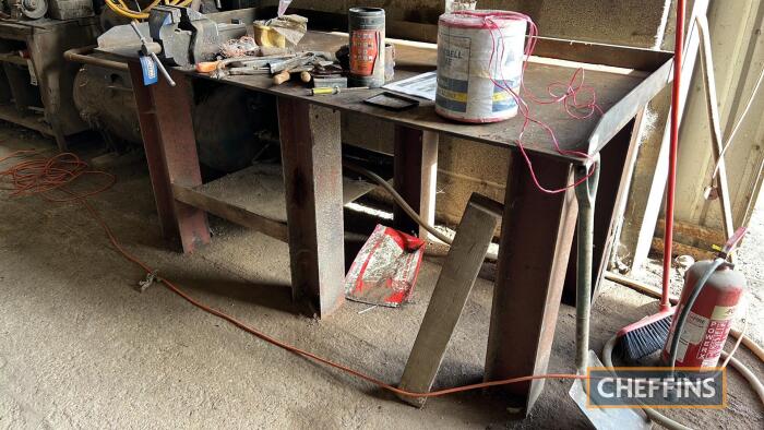 Metal workshop table with tables, complete with contents, Irwin vice sold in situ