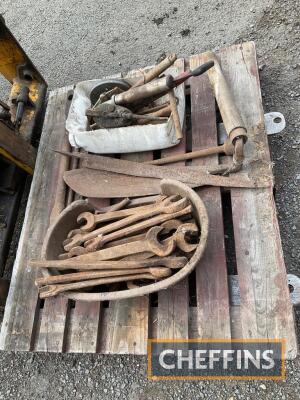 2no. wooden spades, spanners, cut knife and spares