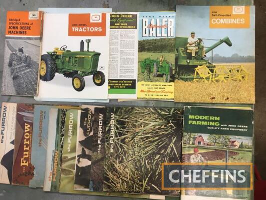 John Deere sales leaflets for 4010 tractors, baler, combines, Modern Farming featuring 320 to 820 tractors, and the full range of J-D machinery, plus copies of the Furrow