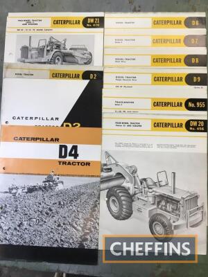 Caterpillar sales leaflets from the 1950s for DW-20, DW-21 wheeled tractors and D2, D4, D6, D7, D8 and D9 crawlers, together with 955 Traxcavator