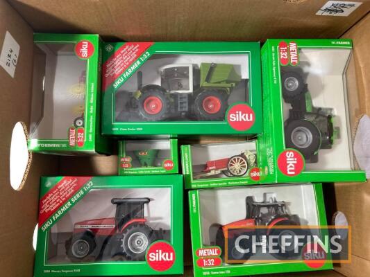 Siku 1:32 scale die cast tractors (4) and implements (3), all boxed