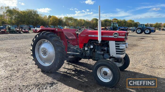 1974 MASSEY FERGUSON 168 Multi-Power 4cylinder diesel TRACTOR Reg. No. CTC 873M Serial No. 236VA67886 Fitted with new BKT tyres, PAS, PUH and solid drawbar. Vendor reports that the Multipower, clutch, engine and brakes are all working