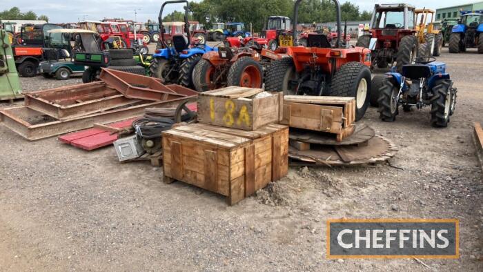 Reids of Forres Log Rack Sawing Bench for sawing rounds or timber c/w 12ft table, rollers, bearings, saw shaft with pulley wheel, cable winch drum for feed, steel built frame for the lof sawing bench, timber sizeing fence with circular shown dimension