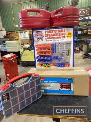 43 Piece Storage Bin Set, Hilka Rack and 2no. Fuel Cans UNRESERVED LOT