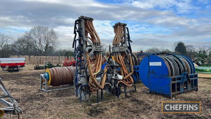 Slurryquip mounted hydraulic folding dribble bar with twin macerator, flow meters, 1,200m bobbin reel, single motor drive with flow meters and hydraulic fold out arm