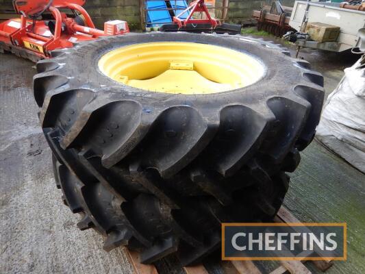 2no. BKT AgriMax RT855 460/85R38 rear wheel and tyres, unused tyres. John Deere 20/30 centres