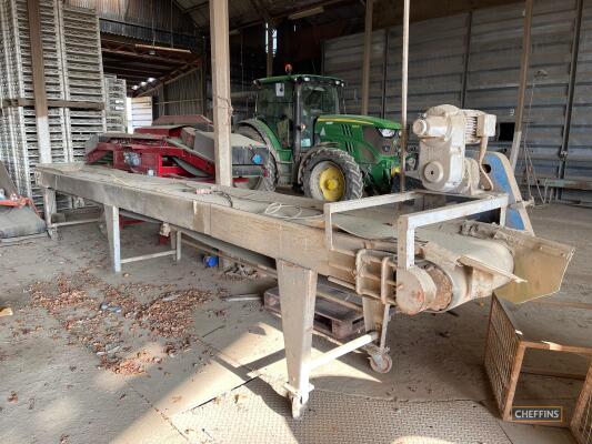 Freestanding flat belt conveyor 24ft long 24' wide, electric motor, 3 phase. Fitted with castor wheels Location Near Newmarket