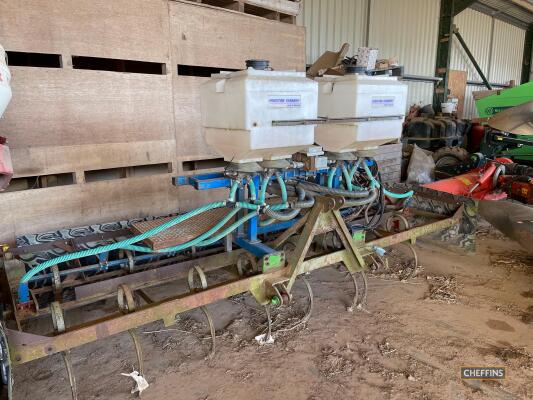 Horstine Farmery nemathorin applicator, 3.8mtr wide front mounted tined cultivator with depth wheels, fitted with twin hopper Horstine applicator and fishtail pipes. Location Near Holbeach, Lincs