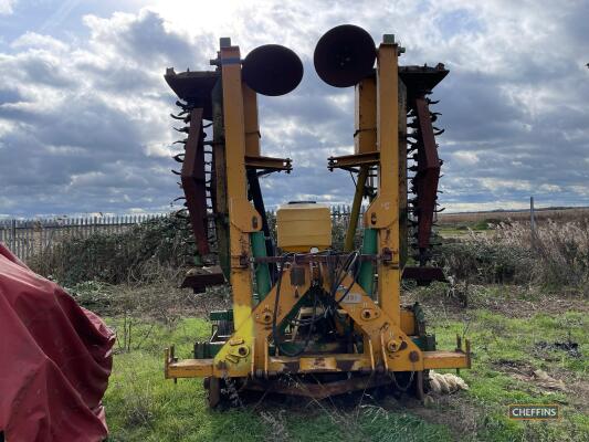 Jones T185 triple bed maker, hydraulic folding machine, veg blade rotor with rear forming hood. Intake discs on outside. Rear adjustable depth wheels, Spaldings seeder applicator, fan unit mounted on the rear. Serial No JE6M1270, Year 2003. Location Chatt