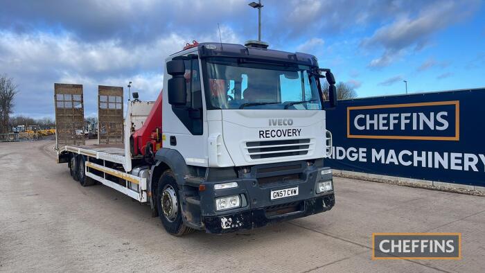 2007 Iveco Beaver Tail Lorry c/w hydraulic ramps, rear steer lift axle, recovery winch, Fassi crane with remote control in office Reg. No. GN57 CVW