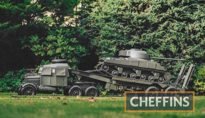 1/6 scale R/C Scammell Pioneer Tank Transporter and Armortek Sherman Firefly Tank. A totally unique radio controlled model of massive proportions being 8ft long over all and 18ins wide. The tank was constructed by the vendor from an Armortek kit and is c