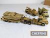 Qty desert colours kit-built model military vehicles including Scammel trucks, Challenger tank with transporter and crane. Some damage to mirrors and side markers etc. c. 1:48 scale - 5