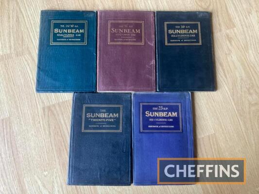 Sunbeam car Handbook of Instructions, 5 original hardback manuals covering 14/40 4cylinder, 16hp 6cylinder, 20hp 6cylinder, 'Twenty-Five', 25hp 6cylinder. All complete with lubrication charts and stamped for the AA library at Fanum House