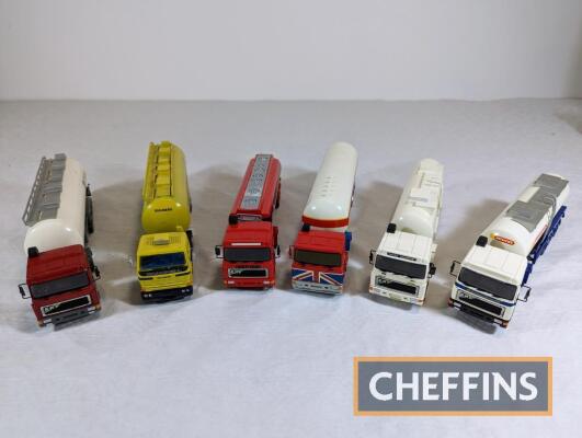 6no. model kit-built articulated tanker trucks and lorries including ERF Texaco and McVitie's, Scammell etc. Believed to be ASAM models. Some damage to paintwork and detail parts such as wing mirrors etc. c. 1:48 scale