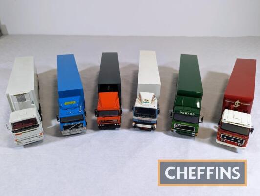 6no. Kit-built model articulated lorries with box trailers. To include Mountaineer, Leyland, DAF, ERF John Lewis and Volvo. Believed to be ASAM models. Some damage to detail parts such as wing mirrors etc. c. 1:48 scale