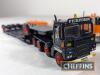 6no. kit-built model flatbed and low-loader lorries including Pickfords Scammell, Mack and Volvo. Believed to be ASAM models. Some damage to details parts such as wing mirrors, spare wheels etc c. 1:48 scale - 6