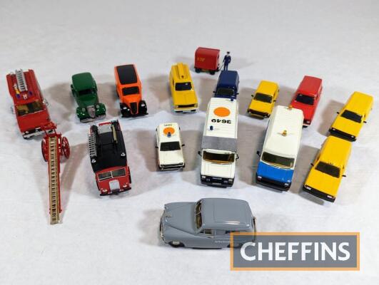 Qty diecast and kit-built vehicles including Ferguson van, British Telecom vans, Police and Fire Service, Morris Ital, Citroen, Austin Metro, Range Rover, LDV etc. c. 1:48 scale