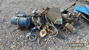 Mixed lot of assorted engine parts, sprayer and block and tackle