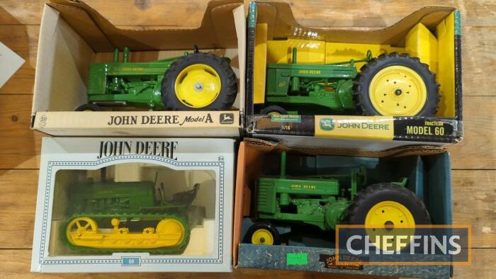 John Deere model tractors to inc' Model A, 40 crawler, Model G, Model 60. All boxed, ERTL etc (4)