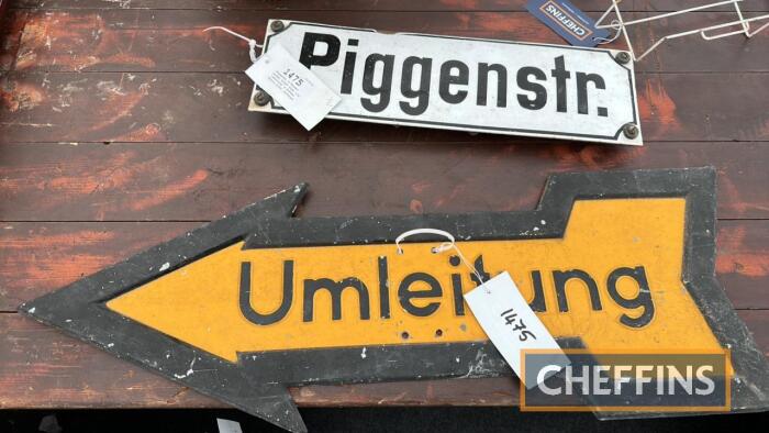 PiggenStr. A German enamel street sign t/w 'umleitung' a German detour arrow, pressed tin