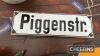 PiggenStr. A German enamel street sign t/w 'umleitung' a German detour arrow, pressed tin - 2