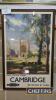 Framed British Railways poster depicting Kings College chapel, Cambridge with cattle grazing, 42 x 27ins