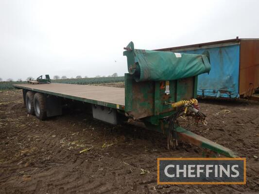 2013 Bailey 16tonne 37ft tandem axle flat bed trailer with hydraulic walkway, box pusher, height adjustable drawbar, rollover sheet (37ft), passive rear steer axle, air and hydraulic brakes, on 560/60 R22.5 wheels & tyres Ser. No. 12014