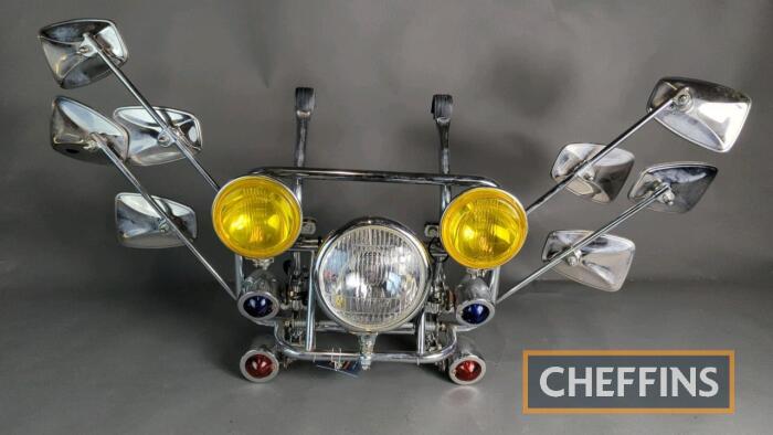 Lights and mirrors rack from Vespa SS180 but will fit most models. Including 8 mirrors, and 7 auxiliary driving lights