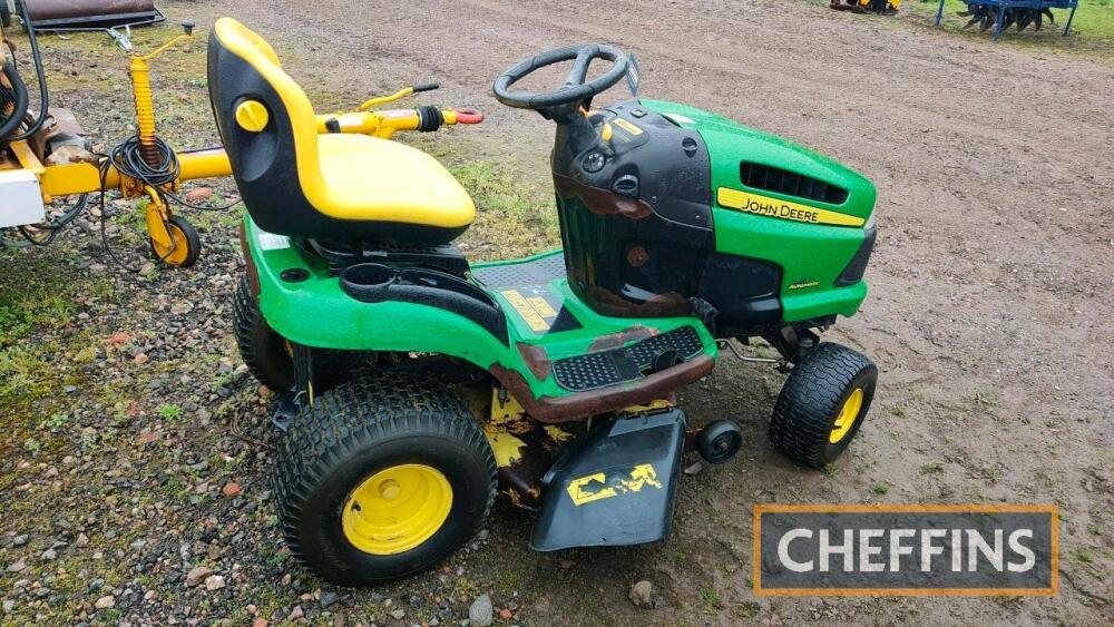 John Deere X120 Automatic Ride on Mower c w 42in deck ATV s Horticultural Equipment Building Forestry Surplus to be held at The Machinery Saleground Sutton Ely Cambs CB6 2QT Machinery and