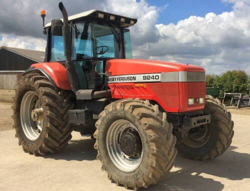 1998 MASSEY FERGUSON 9240 4WD 6cylinder diesel TRACTOR Reg. No. S879 BWK Serial No. 0115 First registered by Massey Ferguson on a Coventry plate and sold through Northfield Agricultural Services to a farm in East Yorkshire. It was traded in to Woods of Dr
