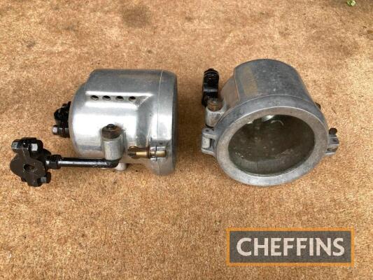 Pair of aluminium acetylene lamps c/w mounts