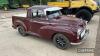 1960 MORRIS Minor Traveller 1098cc petrol PICKUP Reg. No. YSL 731 Chassis No. M/AW3812527 This maroon Morris Minor pickup started life as a Traveller with 'woody' body work and at some point in its life has been converted to a pickup truck. The conversi