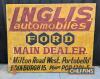 Very large 'INGLIS Automobiles Ford Main Dealer, Edinburgh' sign. This imposing sign is of aluminium over wood construction. It stands 6ft tall, 7 1/2ft wide and 2 3/4ins thick