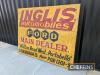 Very large 'INGLIS Automobiles Ford Main Dealer, Edinburgh' sign. This imposing sign is of aluminium over wood construction. It stands 6ft tall, 7 1/2ft wide and 2 3/4ins thick - 2